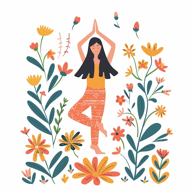 Frau praktiziert Yoga, umgeben von Pflanzen, Blumen, Yoga-Baum, Pose, Ruhe, Frieden, Wellness.