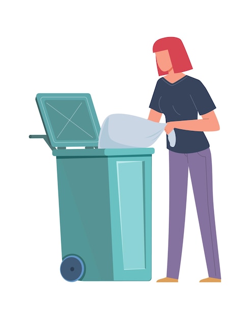 Frau sammelt Müll Mädchen wirft Müllbeutel in Müllcontainer Freiwillige Umweltverschmutzung schützen und recyceln Umweltpflege Sortieren und Recycling von Abfallkonzept flache Vektorkarikatur isolierte Illustration