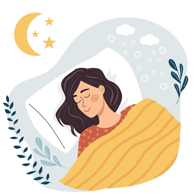 Frau schläft tief im Bett unter der Decke, träumende Nacht, ruhige Landschaft, Schlafzimmerdekoration.