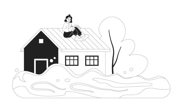 Frau sitzt auf dem Dach Monochrom-Konzept Vektor-Spot-Illustration Überflutetes Haus Naturkatastrophe Verängstigte Frau 2D-Flach-Bw-Cartoon-Charakter für Web-UI-Design Isolierbares handgezeichnetes Held-Bild