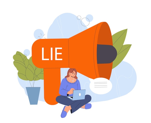 Frau sitzt mit einem Laptop in der Nähe eines großen orangefarbenen Megaphons und liest, umgeben von Pflanzen und