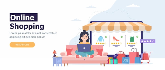 Frau sitzt mit laptop auf der couch und kauft modeartikel im online-shop, perfekt für webdesign