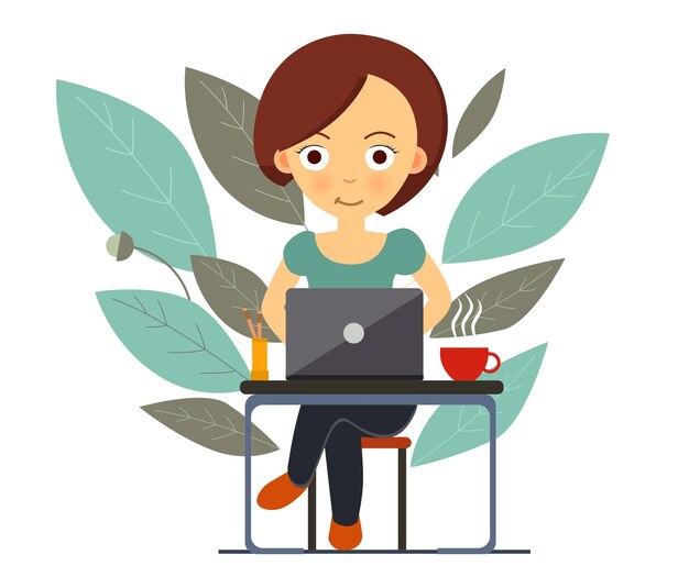 Frau sitzt mit Laptop. Konzept der Freiberuflichkeit, Arbeit, Studing von zu Hause aus. Vektorillustration im flachen Stil