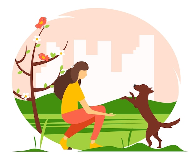 Frau spielt mit einem hund im park. nette frühlingsvektorillustration.