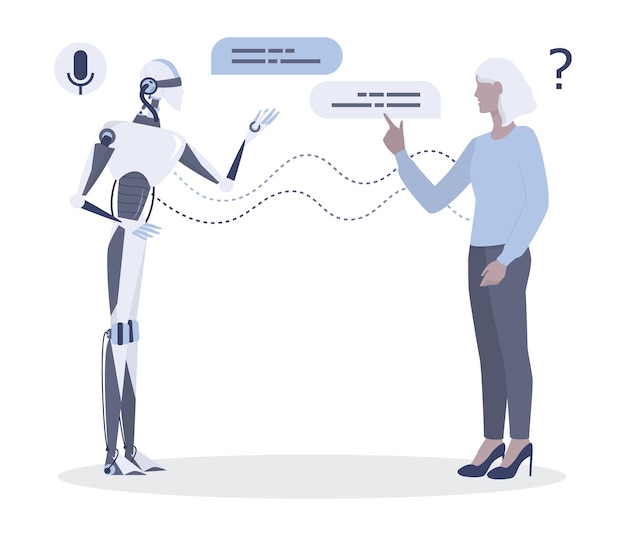 Frau spricht mit roboter. gespräch zwischen frau und künstlicher intelligenz. chatbot und technisches support-konzept. illustration