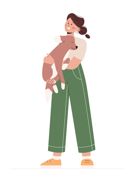 Frau steht und hält hund in seinen armen konzept der liebe zu haustieren gestaltungselement