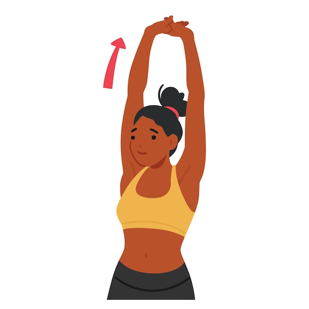Frau streckt anmutig ihre schultern und hände nach oben, streckt ihre arme über ihren kopf und verschränkt ihre finger, um spannungen zu lindern und ihre flexibilität zu verbessern. cartoon-menschen-vektor-illustration