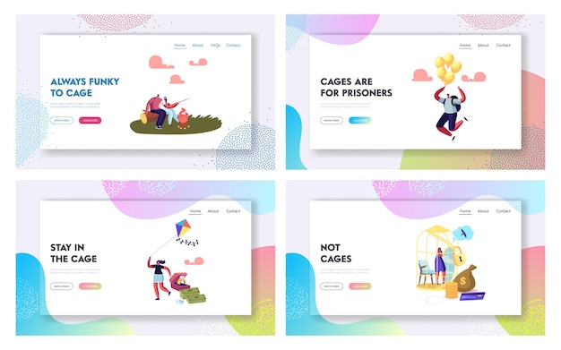 Frau träumt davon, aus dem Gold Cell Landing Page Template Set zu entkommen. Weibliche Charaktere sitzen im goldenen Käfig und träumen von einfachen Dingen. Mädchen mit Mann Dating, Drachen, Luftballons. Cartoon-Menschen-Vektor-Illustration