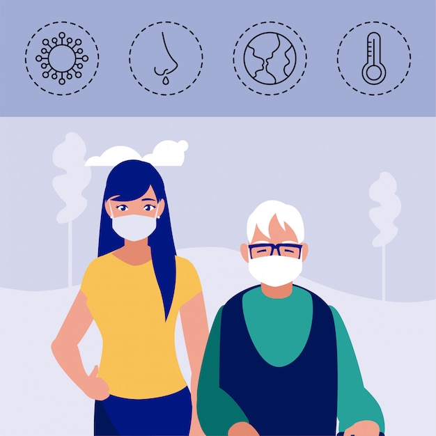 Frau und alter mann mit ikonen der coronavirus-symptome