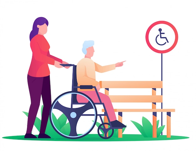 frau und alter mann verwenden whell stuhl illustration