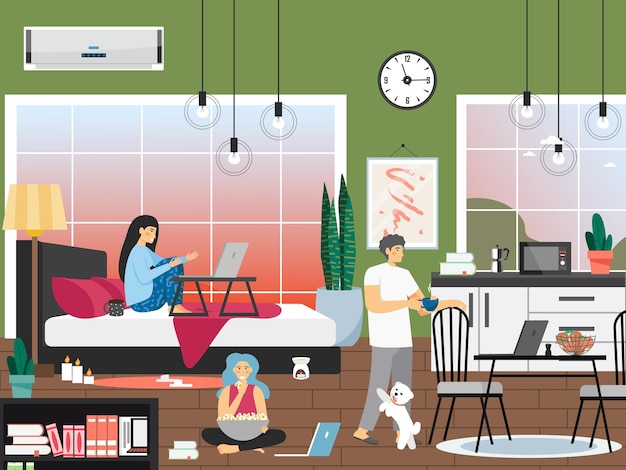 Frau und Ehemann, die zu Hause arbeiten, Bürovektor