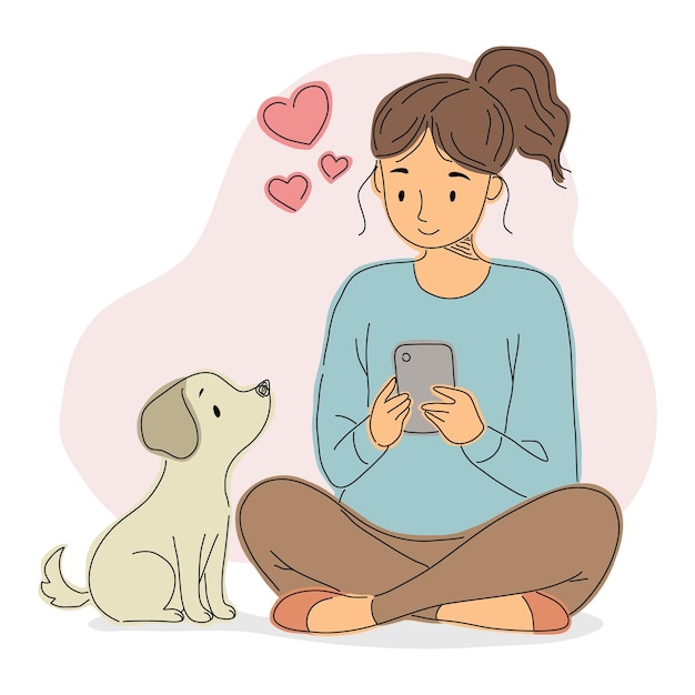 Frau und Hund teilen sich einen Moment zusammen mit einem Handy