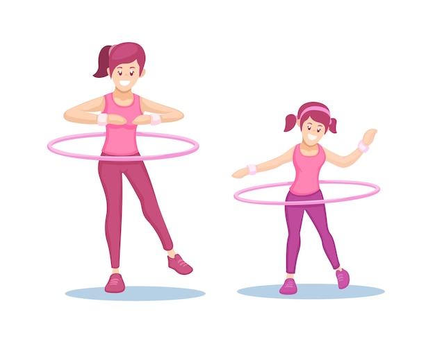 Frau und kinder spielen hula hoop und trainieren sportsymbol-cartoon-illustrationsvektor