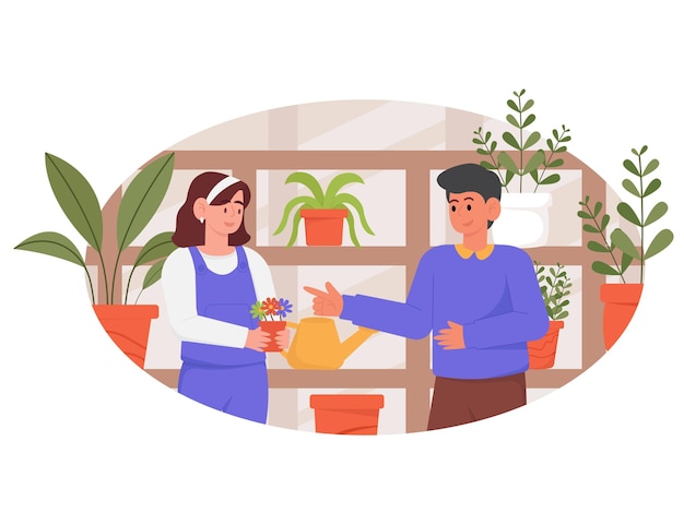 Frau und Mann im Chat über Pflanzen Illustration