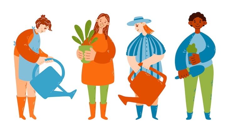 Vektor frau und mann mit wasserkanne und pflanze gartenhobby vektorillustration