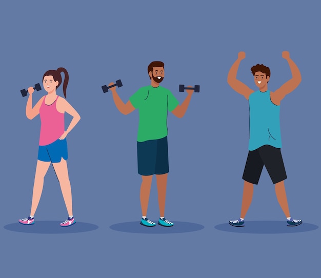 Frau und schwarze Männer, die Gewicht heben und Design dehnen, Sport- und Bodybuilding-Thema im Fitnessstudio.