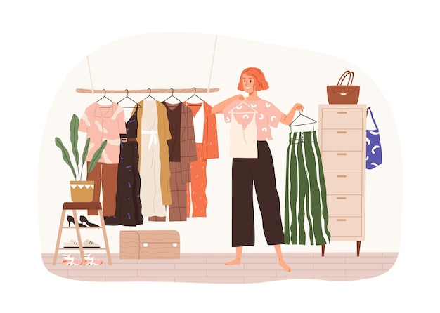 Frau vor ihrem Kleiderschrank, hält Kleiderbügel mit modischer Kleidung und wählt das Outfit zu Hause aus. Frau, die die Wahl trifft, welche Kleidung sie tragen soll. Flache Vektorillustration lokalisiert auf weißem Hintergrund.
