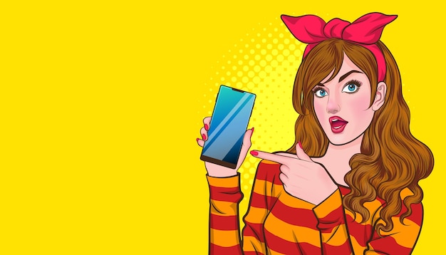 Frau zeigt und hält smartphone für die einführung im retro vintage pop art comic style