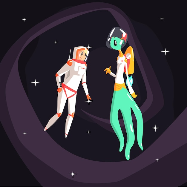 Frauen-astronaut, der außerirdisches weibliches wesen trifft