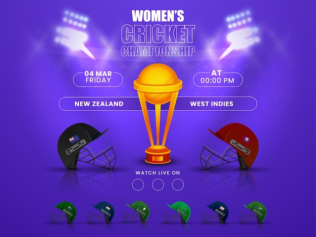 Frauen-cricket-match helme der teilnehmenden länder mit neuseeland vs westindische inseln hervorgehoben und 3d-gewinner-trophäen-cup auf blauem hintergrund des unscharfen stadions