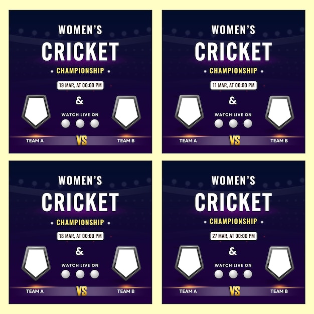 Frauen-cricket-match-social-media-posts oder -vorlagen mit flaggenschild der teilnehmenden länder auf violettem hintergrund in vier optionen