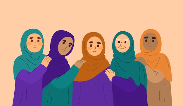 Vektor frauen, die hijabs tragen, unterstützen sich gegenseitig