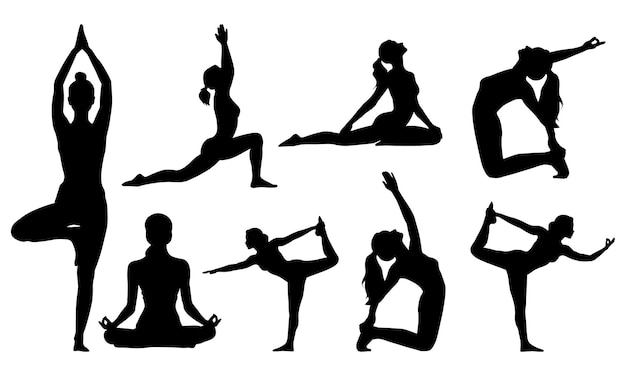 Frauen, die Meditation und Yoga praktizieren, Vektor-Silhouette-Set