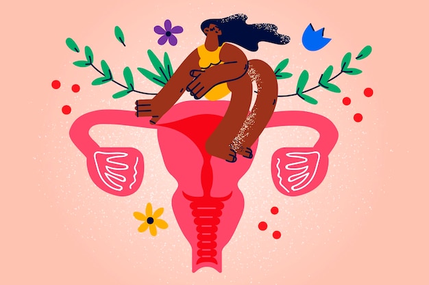 Vektor frauen, die mit blumen auf der gebärmutter sitzen, zeigen pflege für die weibliche gesundheit. mädchen demonstrieren selbstliebe und selbstfürsorge. menstruationsperiode und gesundheitskonzept. dich selbst lieben. vektor-illustration.