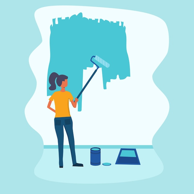 Frauen, die Wand malen Vektorillustration im Thema Hausreparatur oder Hausrenovierung
