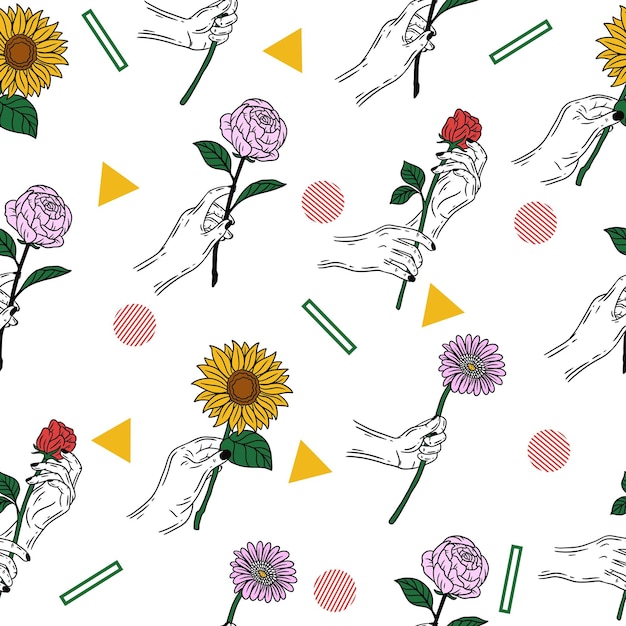 Frauen-hand, die purpurrote und sonne-blumen-gesten-flache strichzeichnungen mit abstraktem gegenstand-illustrations-weiß hält