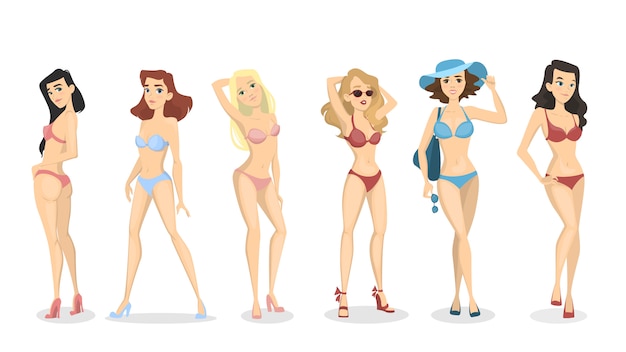 Frauen im bikini-set. schöne mädchen in badebekleidung.