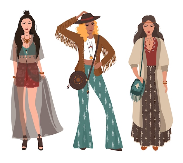 Frauen in boho-kleidung. flache vektorillustration lokalisiert auf weißem hintergrund.