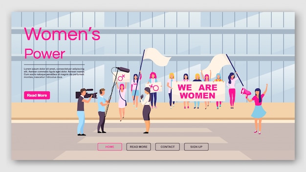 Frauen power landing page vorlage. feministische protestwebsite-schnittstellenidee mit flachen illustrationen.