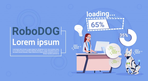 Frauen-Programmierer, der auf dem Computer arbeitet mit Roboterhund-Haustier-moderner Roboter-Haustier-künstlicher Intelligenz-Technologie arbeitet