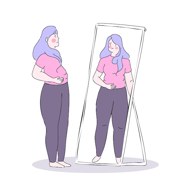 Frauen sind besorgt über ihre fettleibige Form und ihre Gewichtszunahme Vektor flache Illustration Charakterdesign