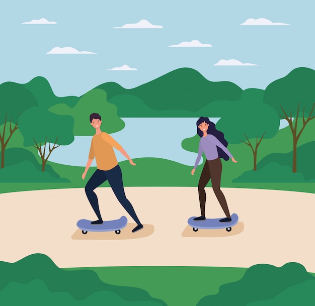 Frauen- und mannkarikaturen auf skateboards im park