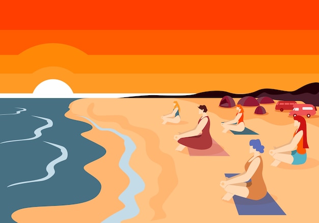 Vektor frauengruppe, die yoga auf strand bei sonnenuntergang übt.