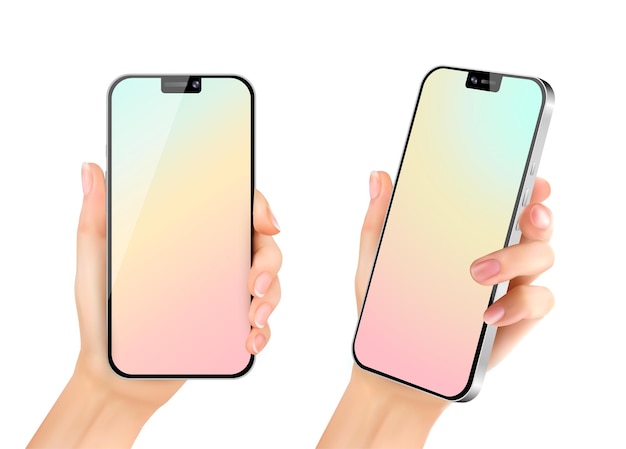 Frauenhand, die das schwarze Smartphone-Gerät mit leerem Touchscreen isoliert auf weißem Hintergrund hält