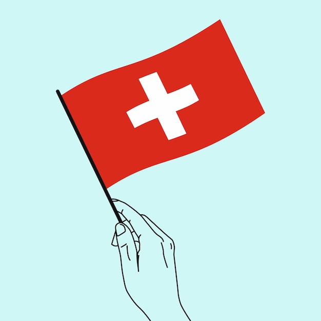 Vektor frauenhand, die die schweizer flagge in der hand hält, mit strichzeichnungen im schweizer flaggen-vektor-illustrationsstil