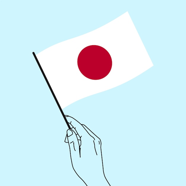 Frauenhand hält japanische flagge in der hand mit strichzeichnungen im stil einer vektorillustration
