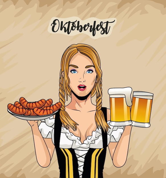 Vektor frauenkarikatur mit traditionellem stoffbierglas und wurstdesign, oktoberfest deutschlandfest und feierthema