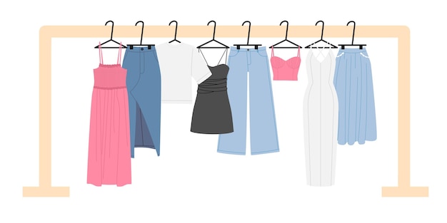 Frauenkleidung auf Regalen Kleidern T-Shirts Röcken Organisierter Sommerschrank für Frauen Aufbewahrung von Kleidung