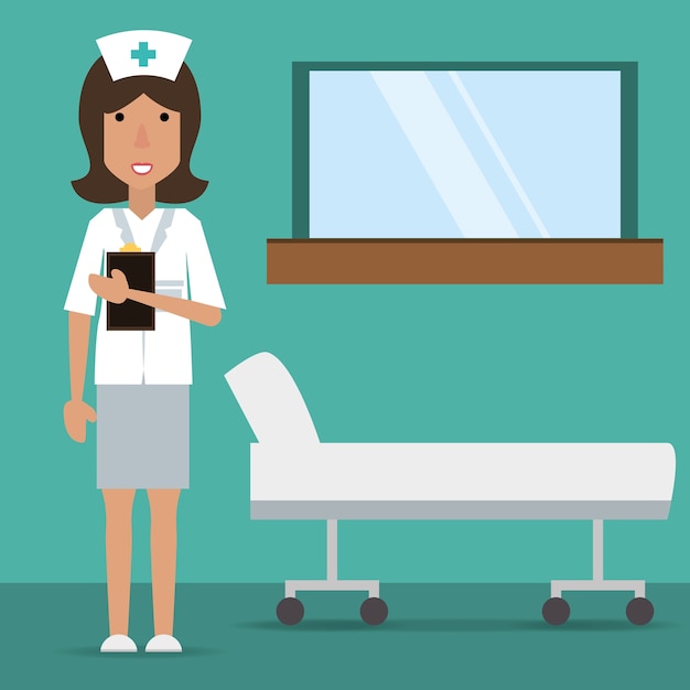 Frauenkrankenschwester mit ärztlicher Verordnung und Bahre