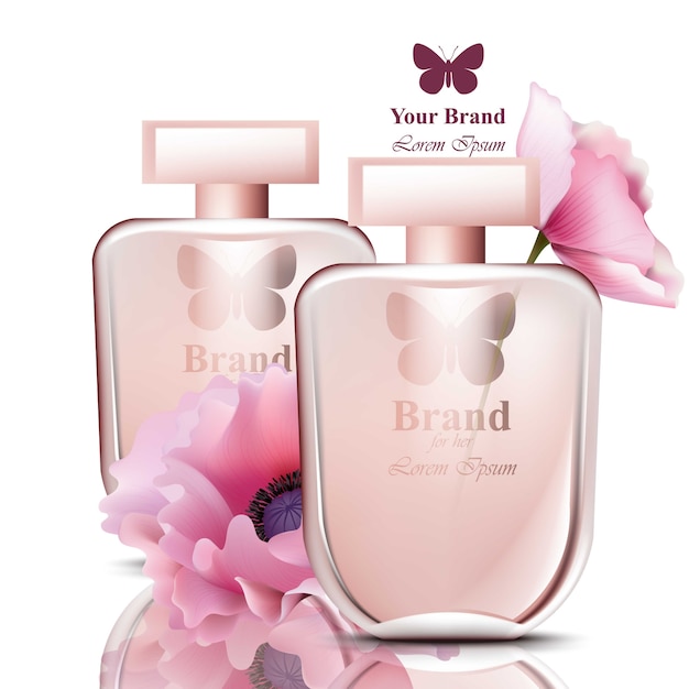Frauenparfümflasche mit Blumenduft. Realistische Produktverpackungsdesigns