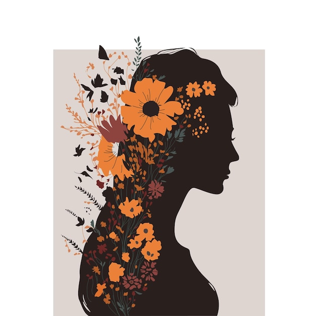 Frauensilhouette mit Blumen im Boho-Stil