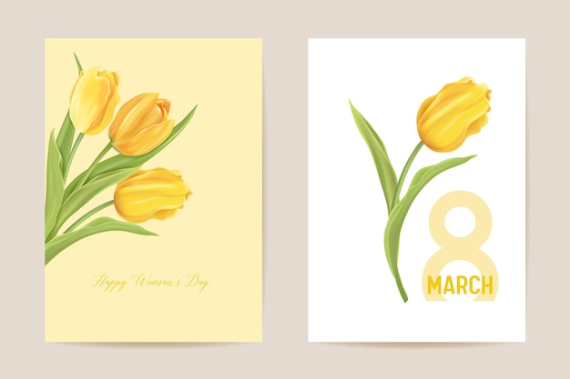 Frauentag 8. märz-feiertagskarte. frühlingsblumenvektorillustration. gruß realistische tulpenblumenschablone, luxuriöser blumenhintergrund, konzeptflieger des internationalen frauentages, modernes partydesign