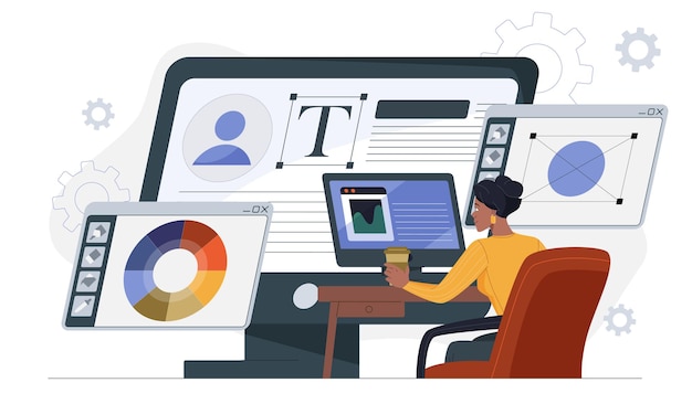 Frauliche Grafikdesignerin sitzt an einem Schreibtisch und verwendet Design-Software auf mehreren Bildschirmen mit Farbpaletten
