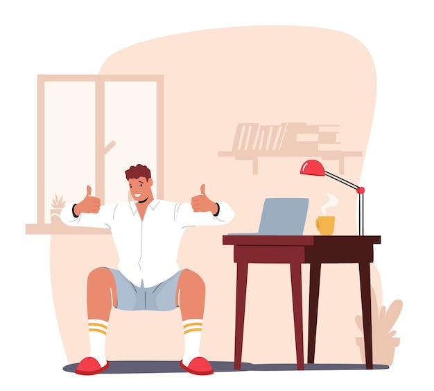 Freiberufler oder Büroangestellter, der am Arbeitsplatz trainiert. Männlicher Charakter beim Training am Arbeitsplatz Hocken und Dehnen