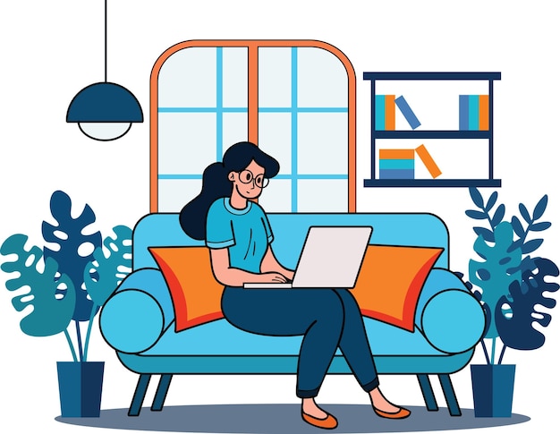 Freiberufliche Frau sitzt zu Hause und arbeitet mit Laptop-Illustration im Doodle-Stil