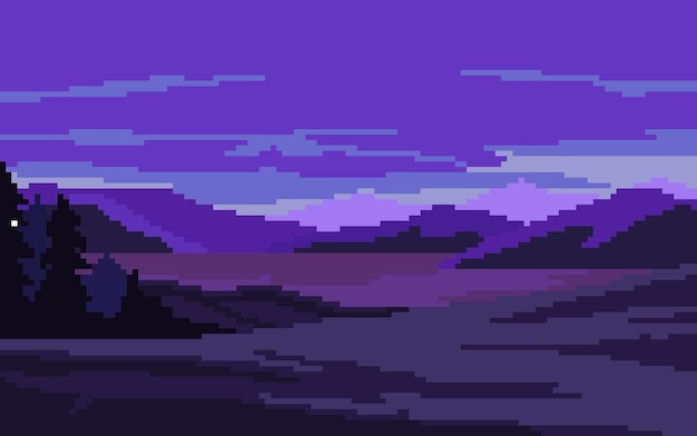 Vektor freie vektor-pixel-kunst natur landschaft tagzeit mitternacht hintergrundillustration